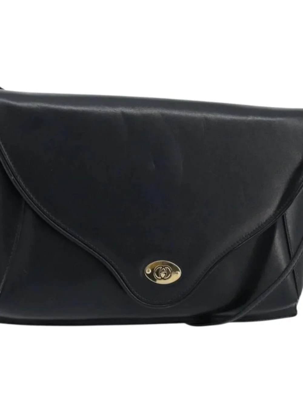 GUCCI Old Shoulder Bag Leather Navy Gold Auth